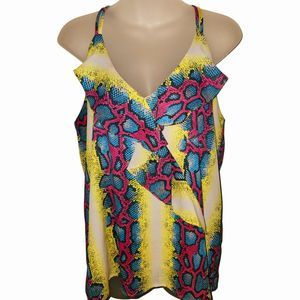 Peace Love Cake Womens Medium Snake Skin Print Ruffle Tank Top Pink Yellow Blue